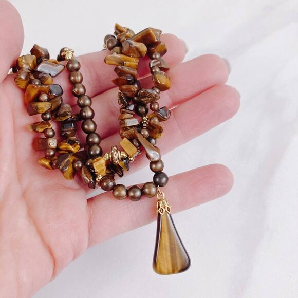 VTG Tiger's Eye Chip Bead Necklace Multi Strand 80s Gemstone Boho Jewelry 17" - Picture 3 of 11